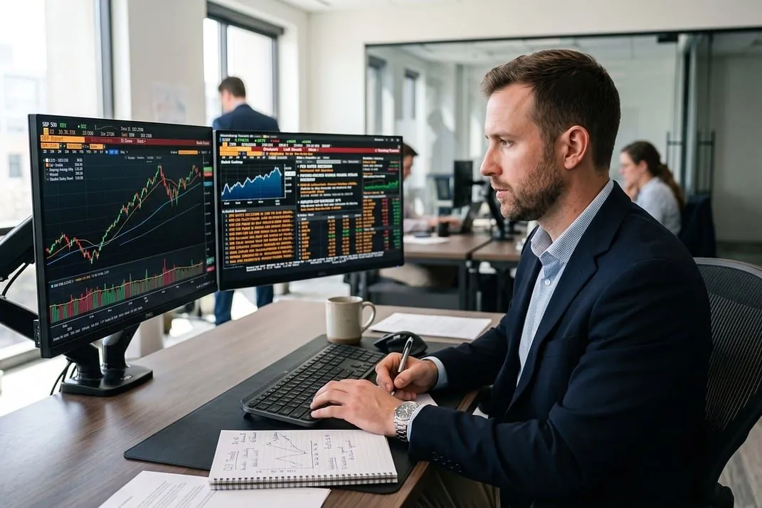 A man following market charts on two screens at his desk