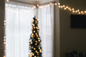 Στολισμένο χριστουγεννιάτικο δέντρο με φωτάκια σε σαλόνι